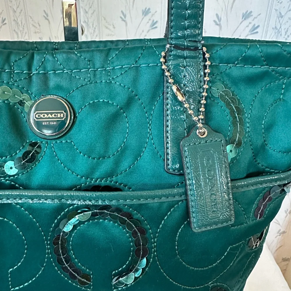 Coach Emerald Satin Tote with Circle Sequin Pattern - Picture 4 of 16